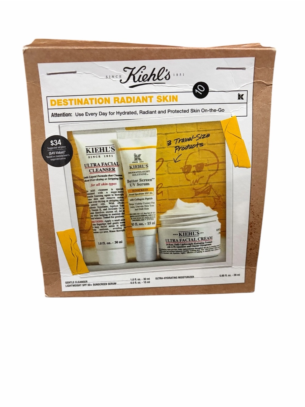 Kiehl's Destination Radiant Skin Set - cleanser Sunscreen & Moisturizer Travel